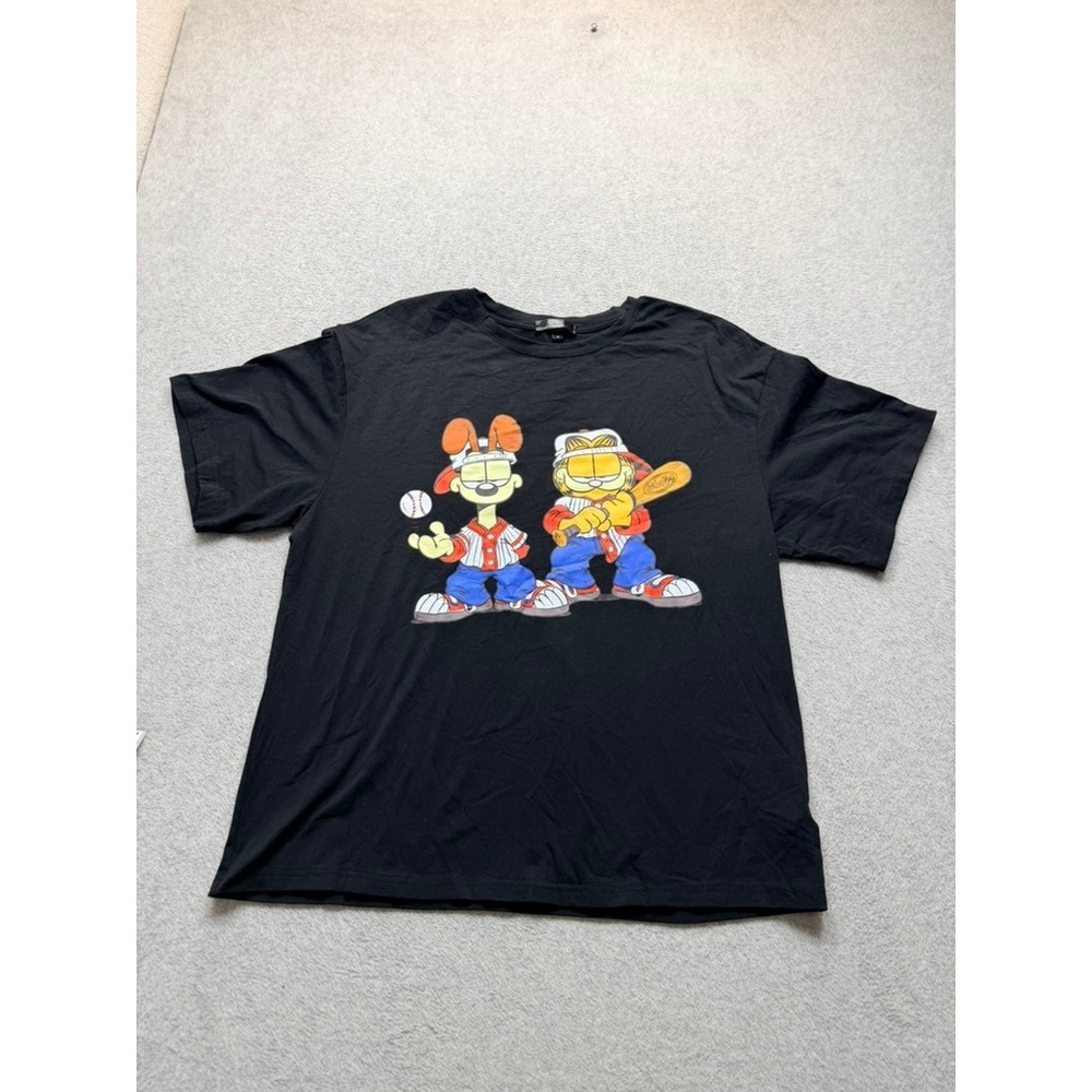 Garfield Odie Baseball Graphic T-Shirt Mens M Black Short Sleeve Crew Neck Tee
